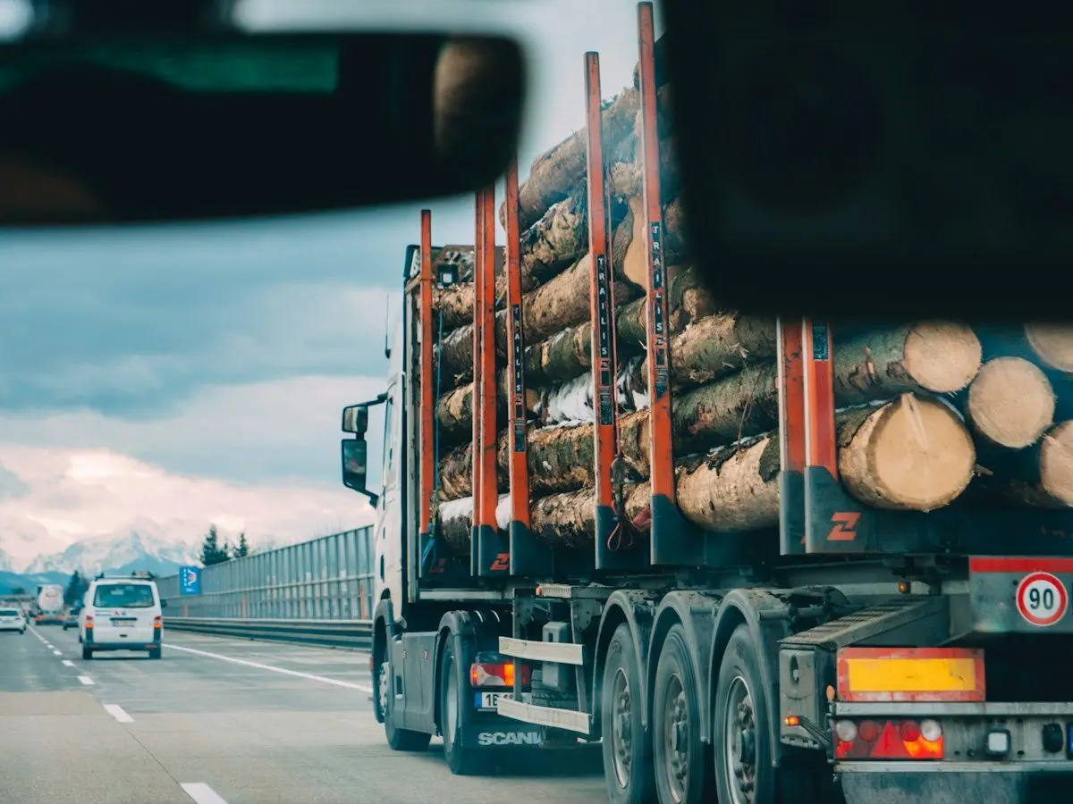 Camion încărcat cu bușteni pe drum, transport lemn în Vrancea
